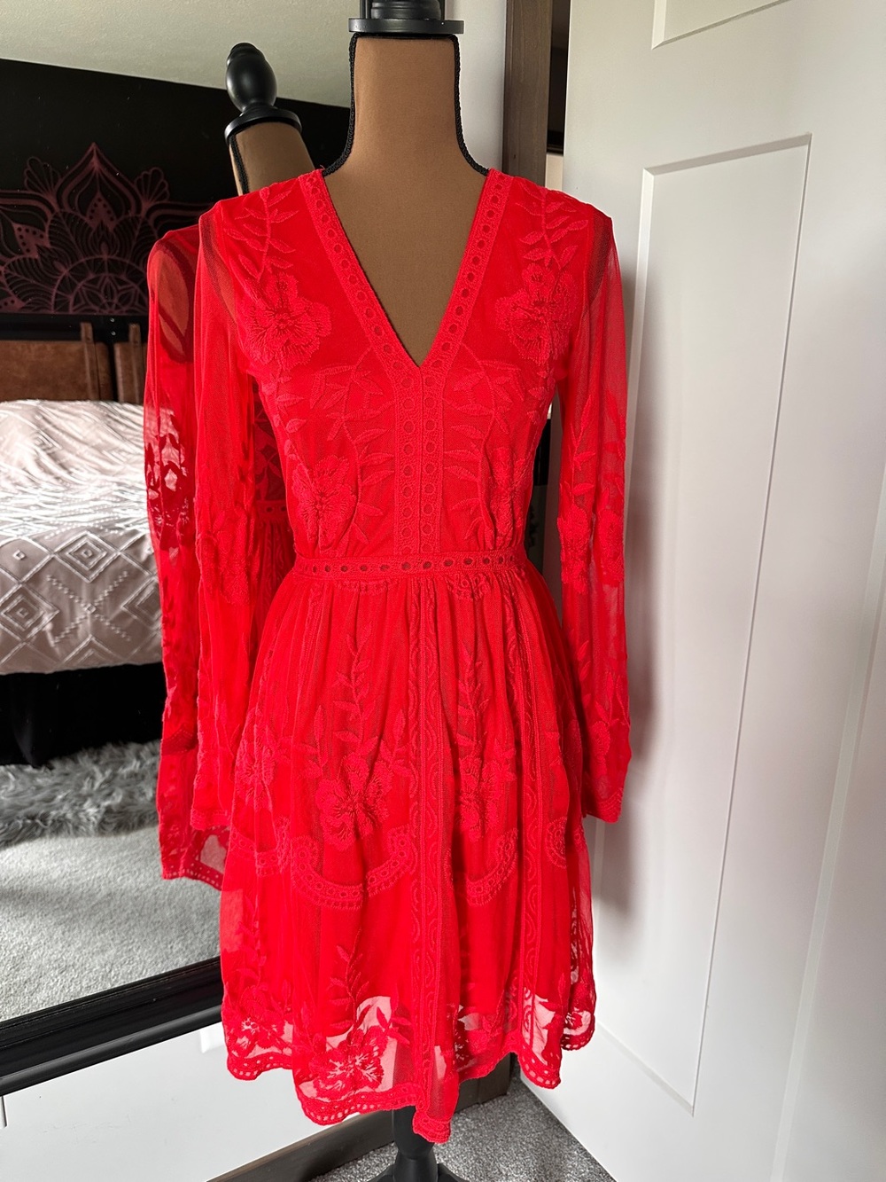Altar’d State Red Embroidered Mesh Mini Dress Size Small NWT- B